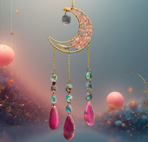 Suspension Lune Cuivrée & Arbre de Vie en Quartz Rose