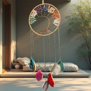 Suspension Ronde 7 Chakras – Arbre de Vie Cuivre & Carillon 7 Agates