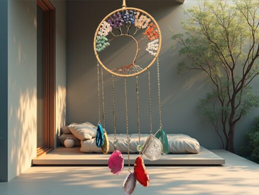 Suspension Ronde 7 Chakras – Arbre de Vie Cuivre & Carillon 7 Agates