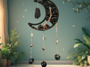 Suspension Lune Suédine & Arbre de Vie – Onyx, Obsidienne & Agate Noire