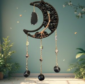Suspension Lune Suédine & Arbre de Vie – Onyx, Obsidienne & Agate Noire