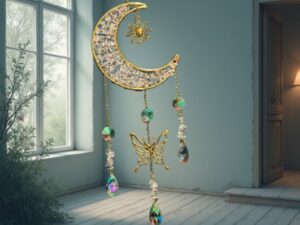 Suspension Lune en Cristal de Roche – Papillon & Soleil Métalliques