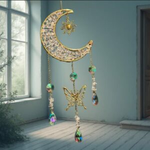 Suspension Lune en Cristal de Roche – Papillon & Soleil Métalliques