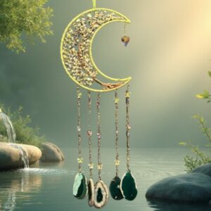Grande Suspension Lune Cuivre & Arbre de Vie – Jade Verte & Agate Verte