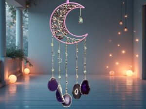 Grande Suspension Lune Cuivre & Arbre de Vie – Améthyste & 5 Agates Violettes