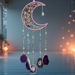Grande Suspension Lune Cuivre & Arbre de Vie – Améthyste & 5 Agates Violettes