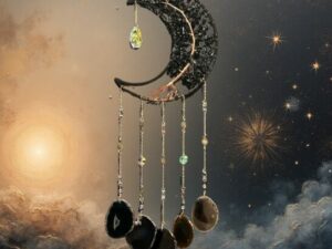 Grande Suspension Lune Cuivre & Arbre de Vie – Obsidienne & Carillon Agate Noire