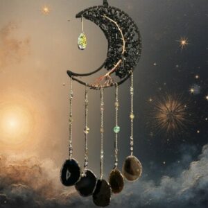 Grande Suspension Lune Cuivre & Arbre de Vie – Obsidienne & Carillon Agate Noire