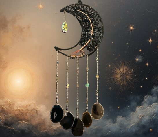 Grande Suspension Lune Cuivre & Arbre de Vie – Obsidienne & Carillon Agate Noire
