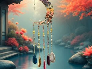 Grande Suspension Lune Cuivre & Arbre de Vie – 7 Chakras & Carillon Agates Colorées