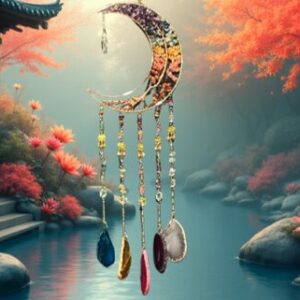 Grande Suspension Lune Cuivre & Arbre de Vie – 7 Chakras & Carillon Agates Colorées