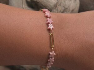 Bracelet Étoiles en Rhodonite – Acier Inoxydable – Réglable