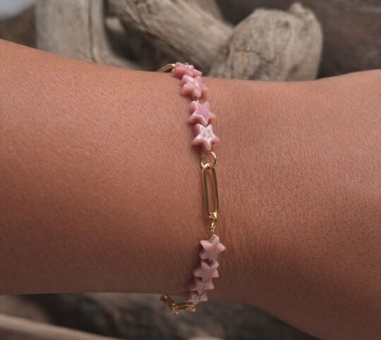 Bracelet Étoiles en Rhodonite – Acier Inoxydable – Réglable