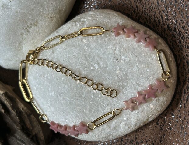 Bracelet Étoiles en Rhodonite – Acier Inoxydable – Réglable – Image 2